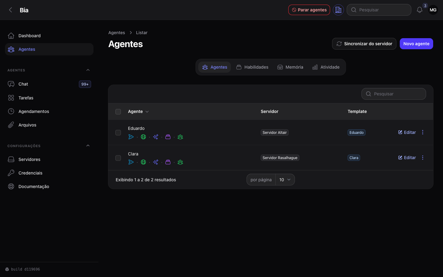Lista de agentes, com servidor, template e canais de cada um