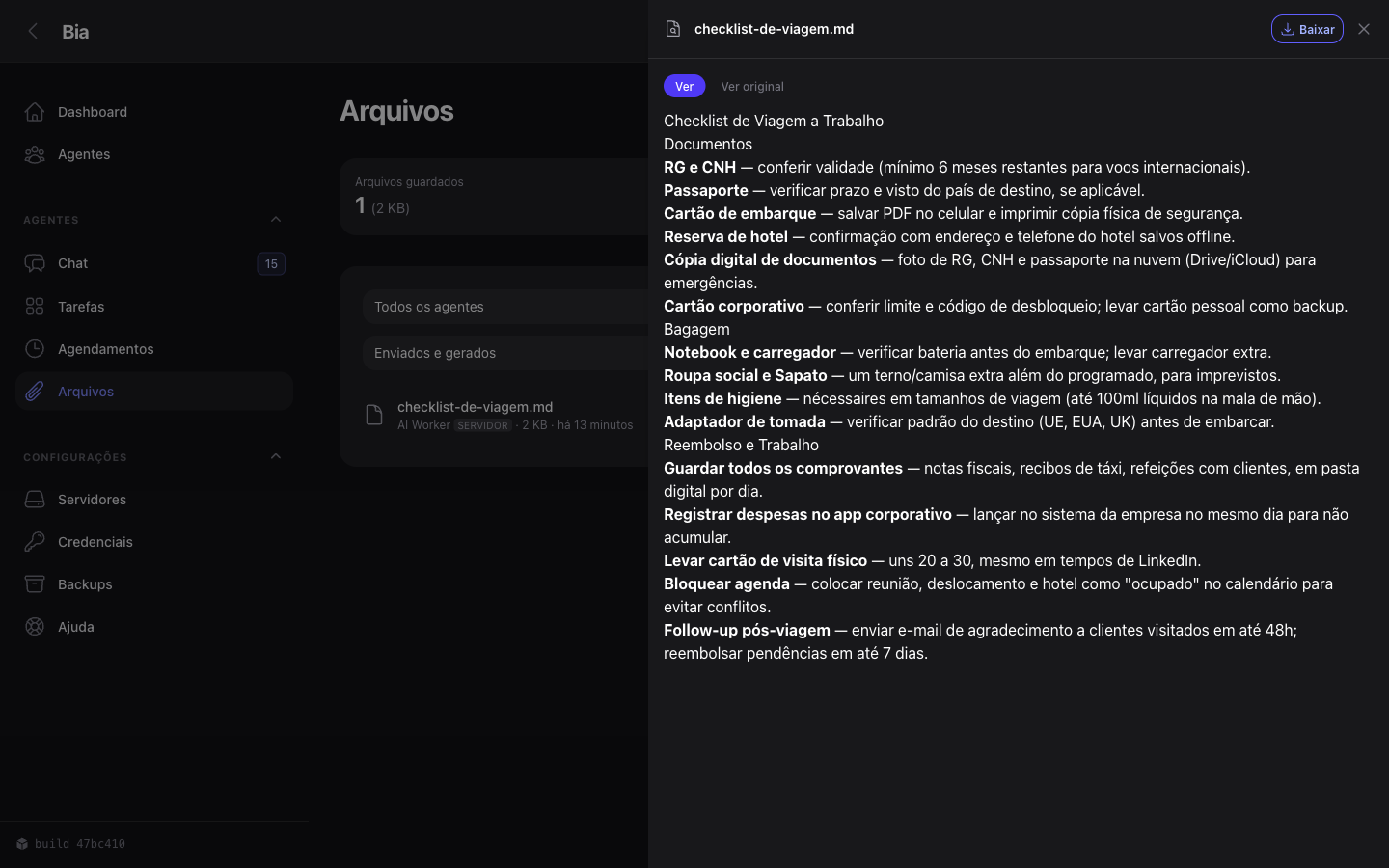 Visualizador aberto, mostrando o markdown que o agente escreveu