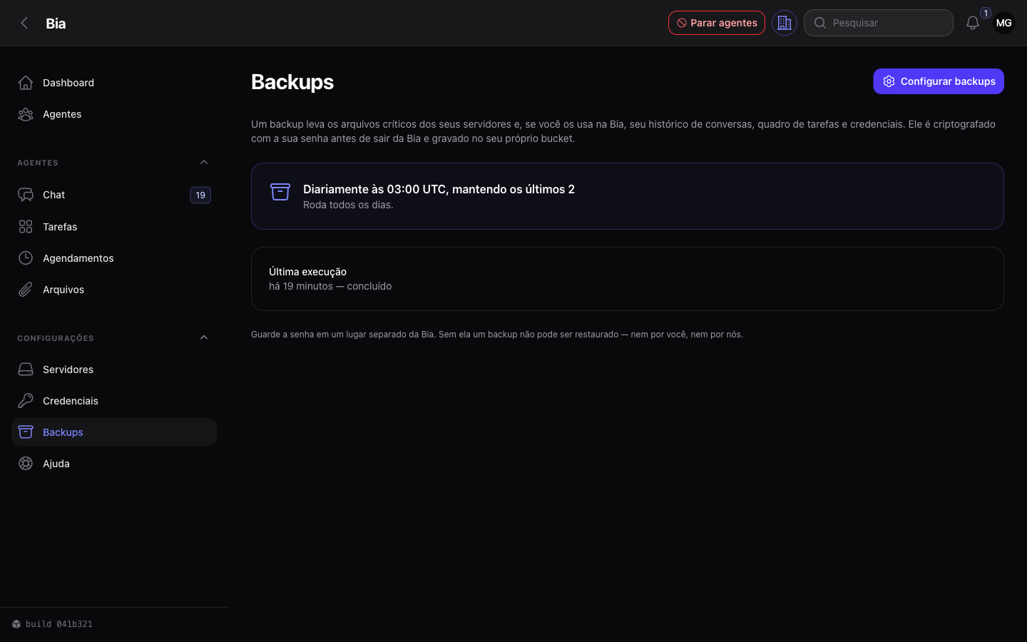 Página de backups, com a frequência, a retenção e a última execução