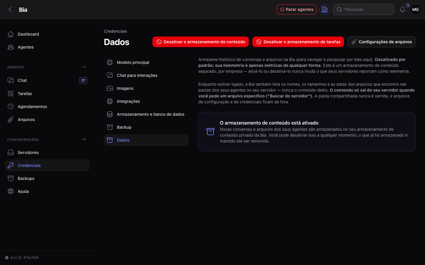 Página Dados, com os controles de custódia do conteúdo