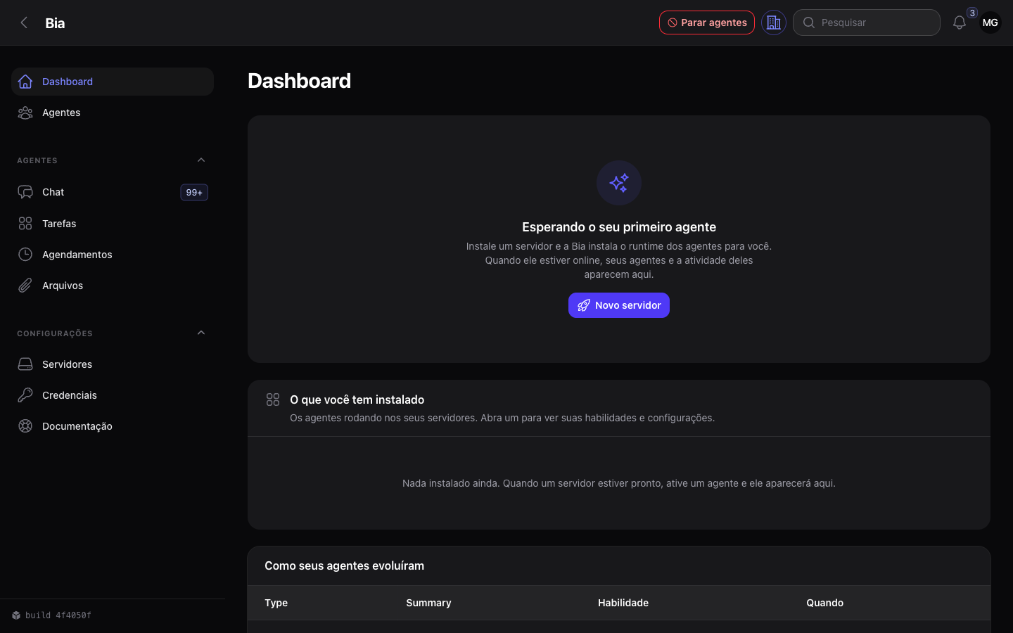 Painel da Bia recém-criado, com o convite para instalar o primeiro servidor