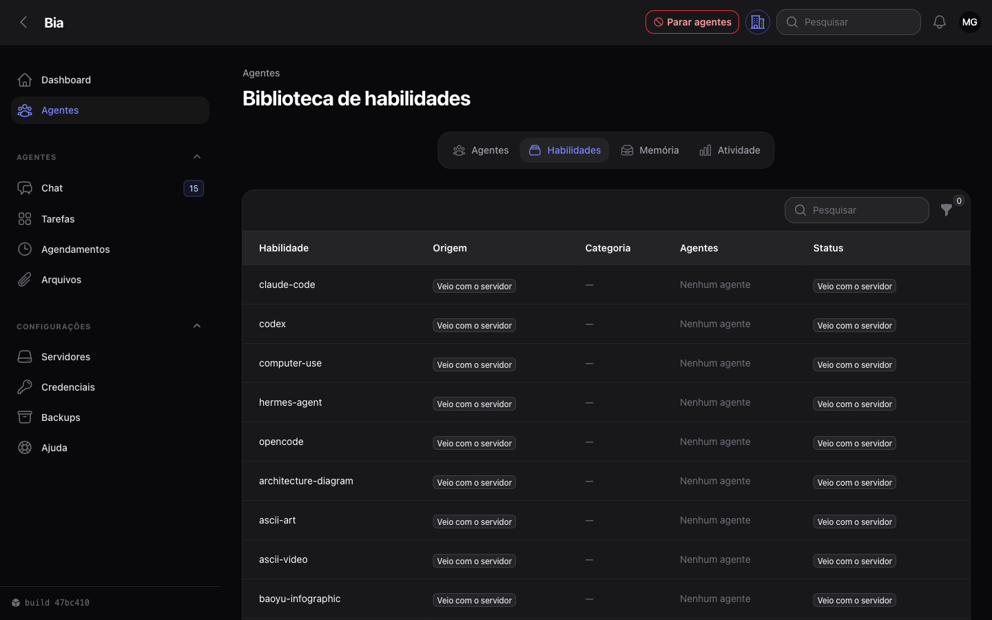 Biblioteca de habilidades, com a origem e o status de cada uma