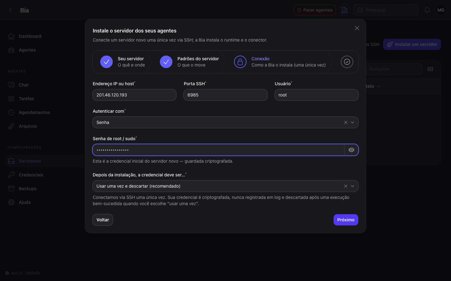 Terceiro passo: dados de conexão SSH e o destino da credencial