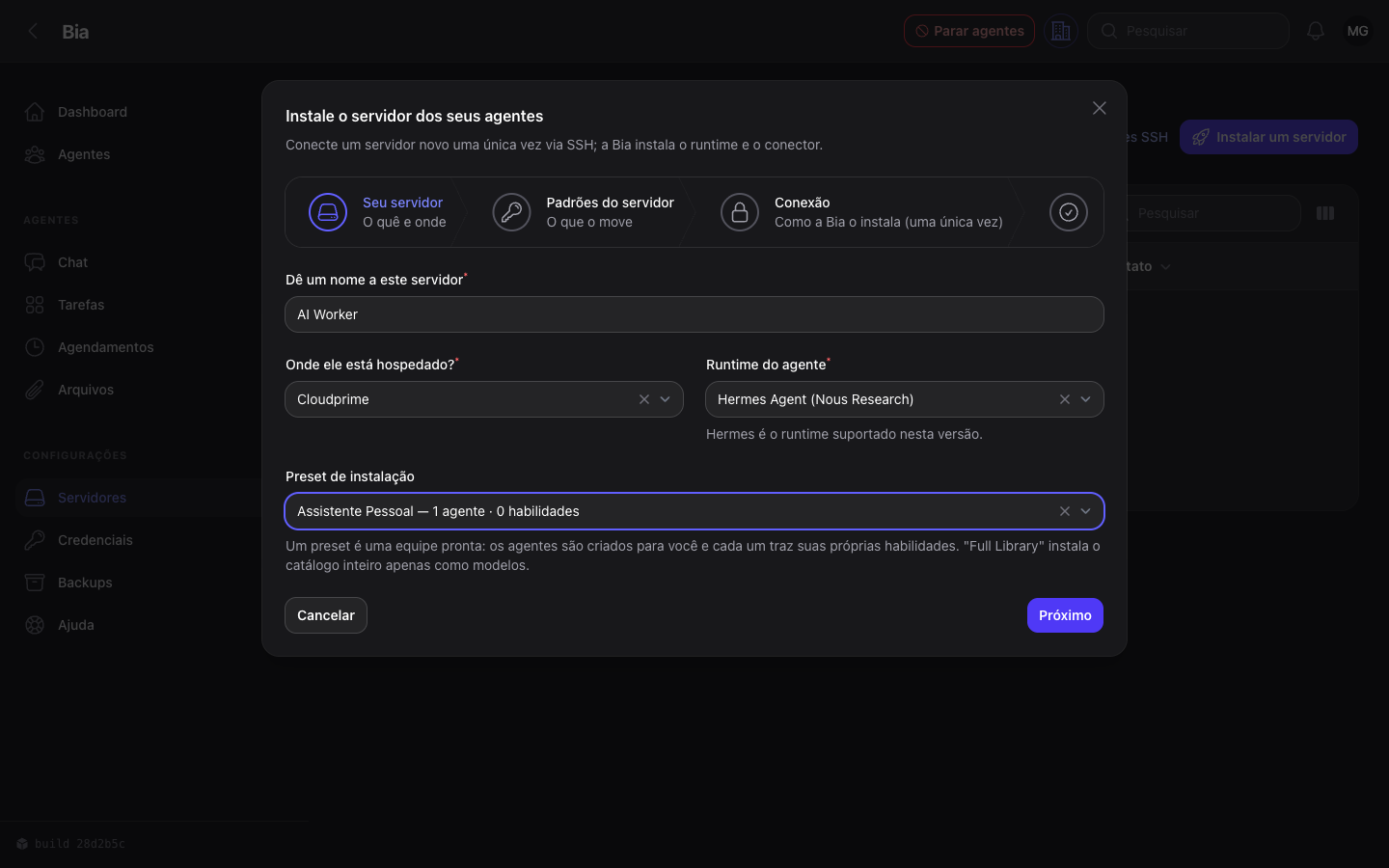 Primeiro passo do assistente: nome do servidor, hospedagem, runtime e preset