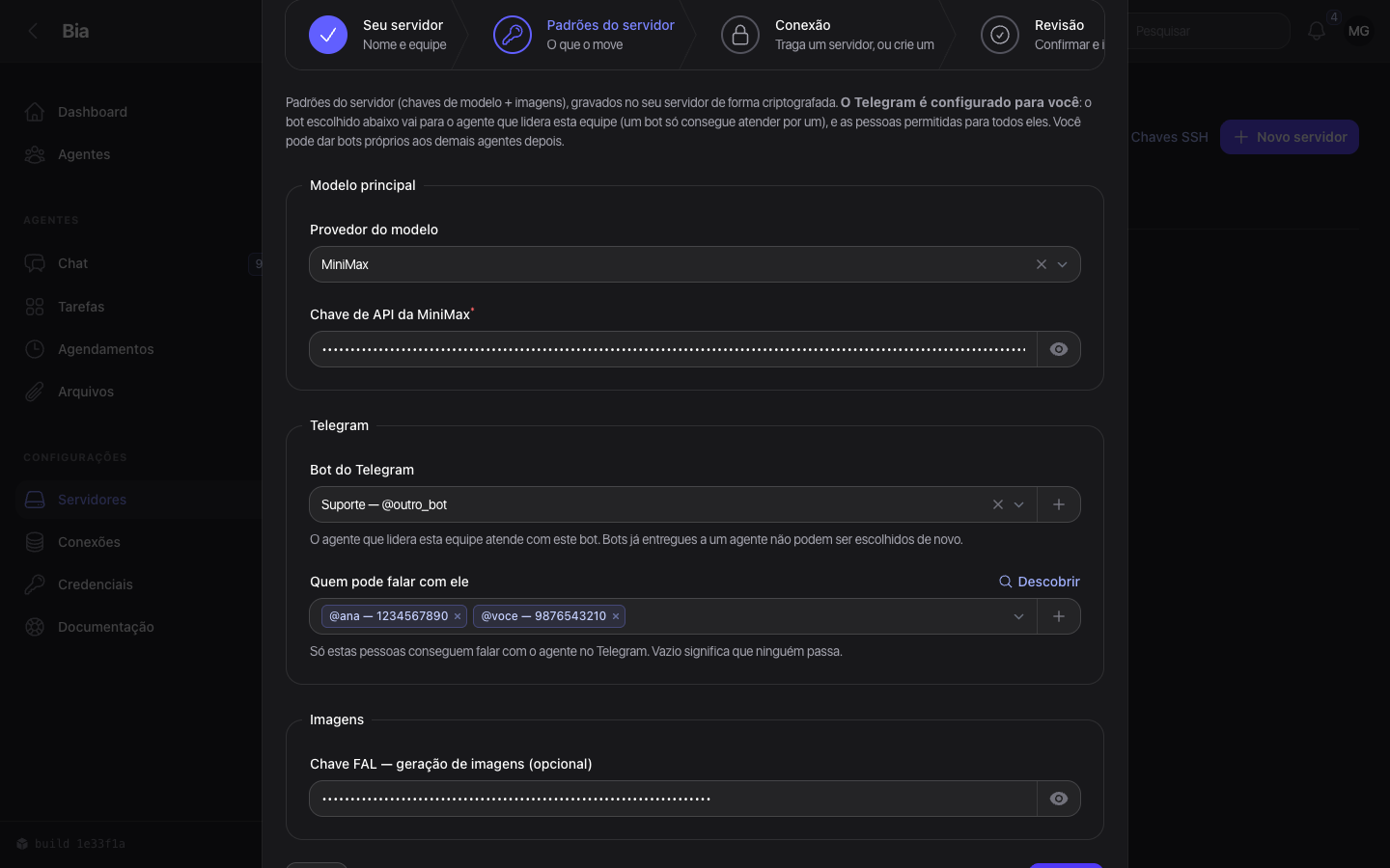 Segundo passo: chave do provedor de modelo e configuração do Telegram