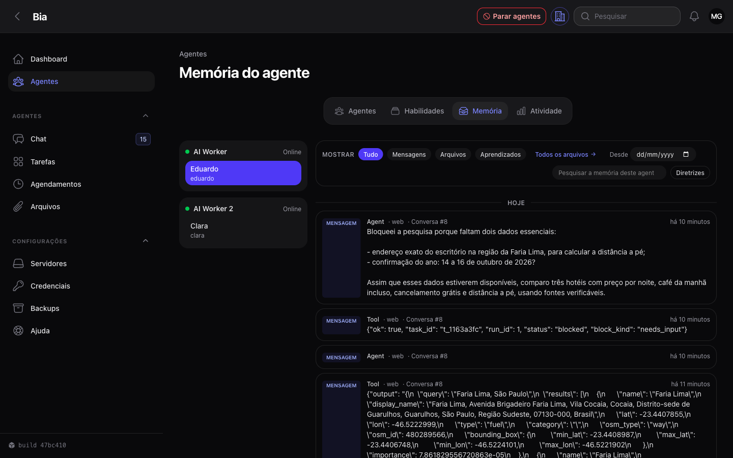 Linha do tempo da memória de um agente, com mensagens e arquivos
