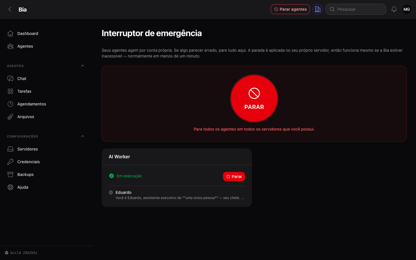 Página de parada de emergência, com o estado atual dos agentes