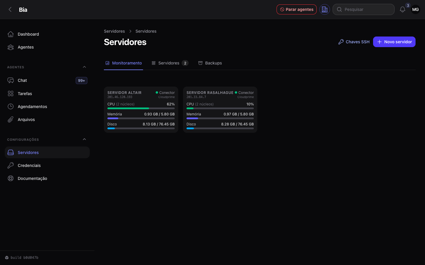 Cartões de monitoramento, com CPU, memória e disco de cada servidor