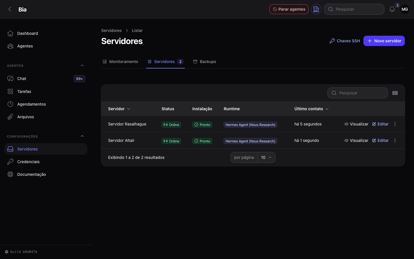 Lista de servidores, ambos online e prontos